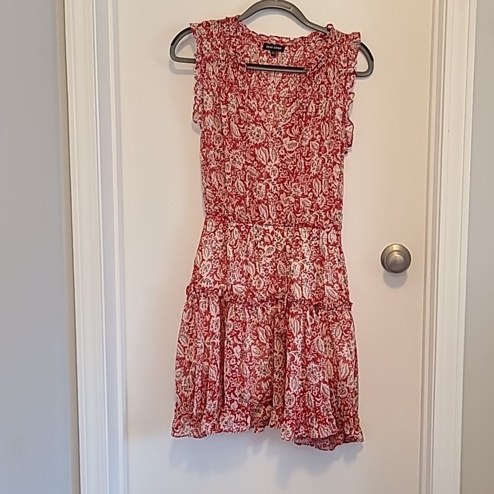 Dear John Size Large Tiered Dress Ruffle  Shimmer Paisley Sleeveless Red